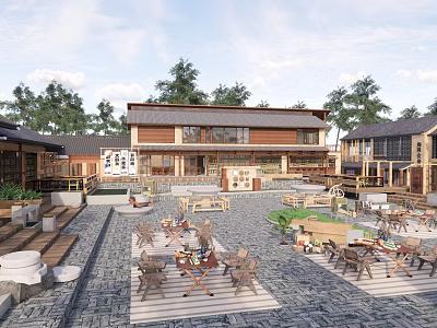 Traditional Homestay Architecture With Courtyard Seating Areas And Surrounding Green Trees 3d model