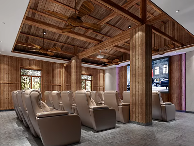 Cozy Cinema Interior With Wooden Ceiling Leather Seats And Large Projection Screen 3d model