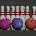 Colorful Bowling Equipment with White Pins Red Stripes and Multicolored Balls