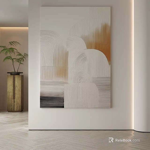 Abstract Painting with Lines and Curves White Brown Black Tones on Modern Interior Wall 3d model 