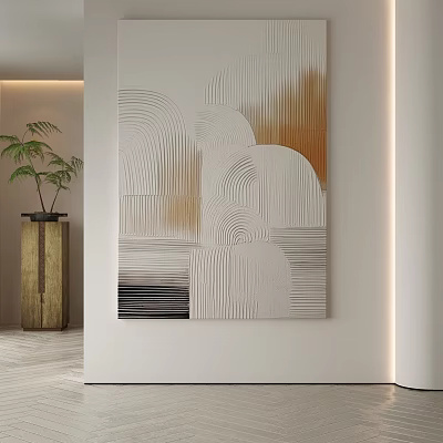 Abstract Painting with Lines and Curves White Brown Black Tones on Modern Interior Wall 3d model
