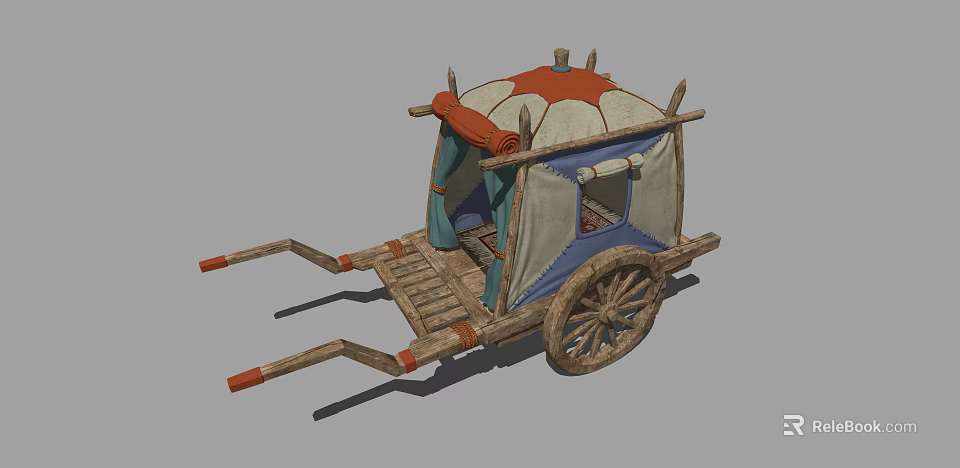 Ancient Wooden Carriage With Canvas Canopy And Decorative Red Accents 3d model 
