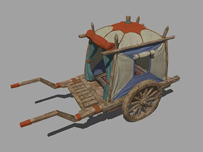 Ancient Wooden Carriage With Canvas Canopy And Decorative Red Accents 3d model