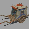 Ancient Wooden Carriage With Canvas Canopy And Decorative Red Accents