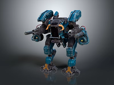Blue Mechanical Mech Robot With Weapon Arms And Heavy Armor Design 3d model