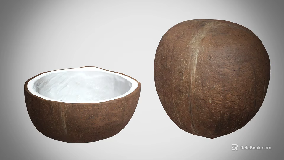 Fresh Whole and Halved Coconut with White Flesh Tropical Fruit Snack 3d model 