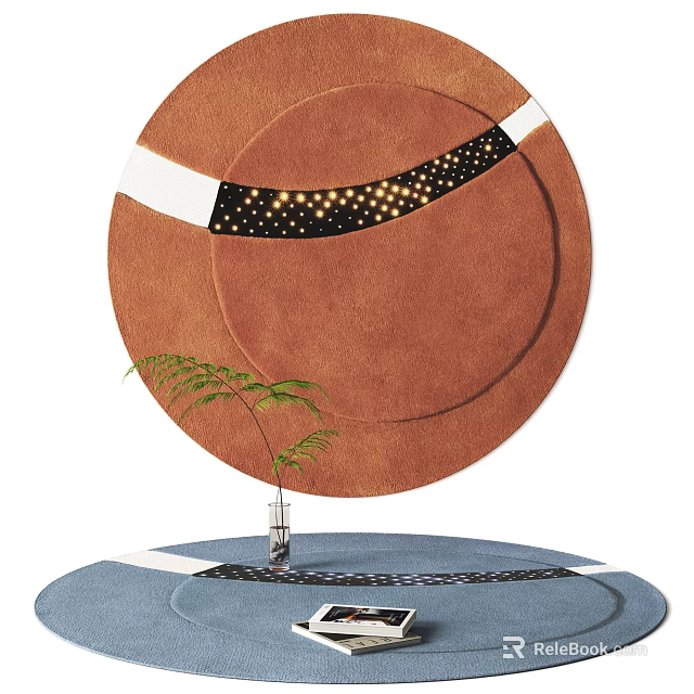 Brown Round Rug with White and Black Dotted Band and Small Potted Plant 3d model 