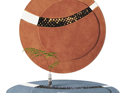Brown Round Rug with White and Black Dotted Band and Small Potted Plant 3d model