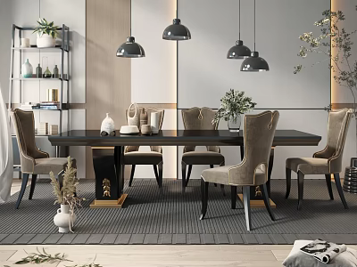 Modern Dining Table Set With Upholstered Chairs Pendant Lights And Decorative Plants 3d model