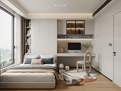 Modern Kids Room Interior Design With Bed Desk Bookshelf Computer Chair And Decorative Rug 3d model