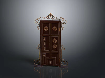 Ornate Dark Brown Wooden Door With Intricate Carvings And Iron Decorative Scrolls 3d model