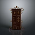 Ornate Dark Brown Wooden Door With Intricate Carvings And Iron Decorative Scrolls