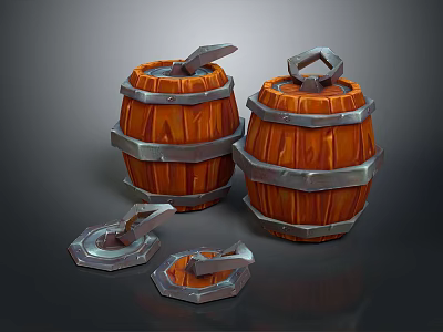 3D Rendered Orange Wooden Barrels With Metal Hoops And Scattered Lids 3d model