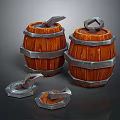 3D Rendered Orange Wooden Barrels With Metal Hoops And Scattered Lids