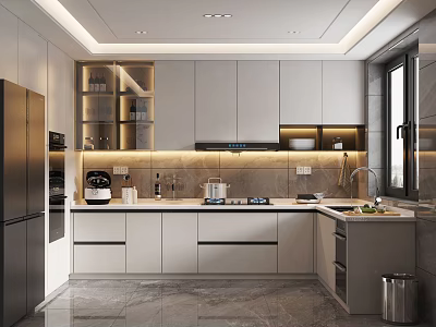 Modern Kitchen With Gray Cabinets Stainless Steel Refrigerator And Natural Light 3d model