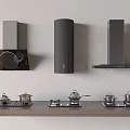 Contemporary Kitchen Appliances Showcasing Different Range Hoods And Gas Stoves On Countertop