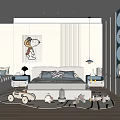 Kids Bedroom With Cartoon Artwork Bed Window Seat Toys Storage Cabinets And Soft Rug