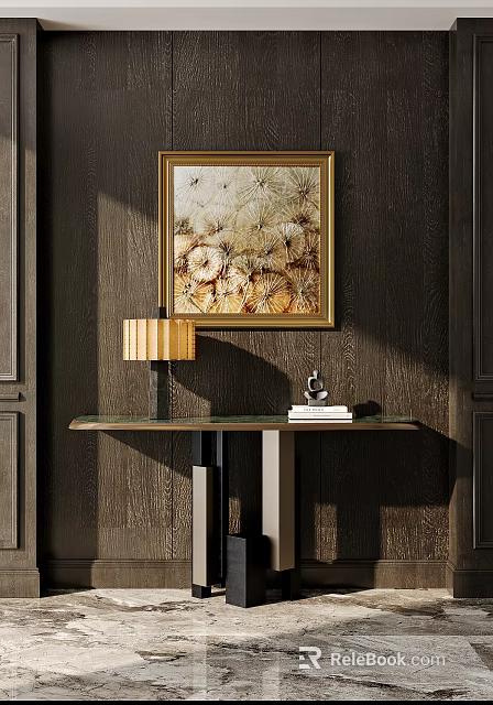 Elegant Console Table with Table Lamp Books and Decorative Artwork Against Dark Wood Wall 3d model 