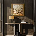 Elegant Console Table with Table Lamp Books and Decorative Artwork Against Dark Wood Wall
