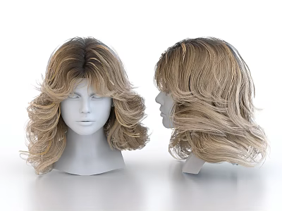 Curly Blonde Medium Length Hair Wig Ornament Decor Set With Mannequin Heads 3d model