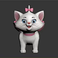 Cute White Cartoon Cat With Pink Bow And Collar Against Gray Background With Reflection