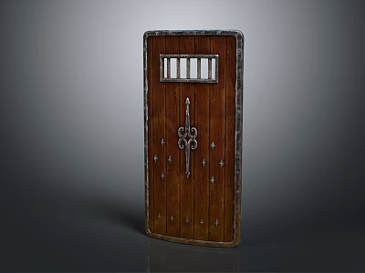 Classic Brown Wooden Door With Metal Accents And Grille Window Design 3d model