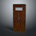 Classic Brown Wooden Door With Metal Accents And Grille Window Design