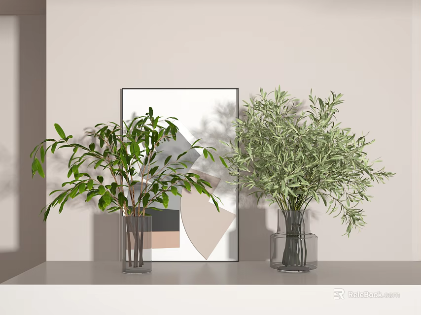 Two Glass Vases With Leafy Green Plants In Minimalist Interior With Geometric Art 3d model 