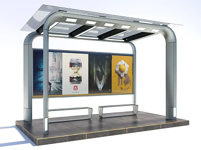 Modern Bus Stop Shelter Exterior With Advertising Billboards Seats And Roof Awning 3d model