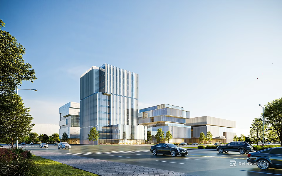 Modern Office Building With Glass Curtain Wall Landscaped Gardens And Cars On Adjacent Road 3d model 