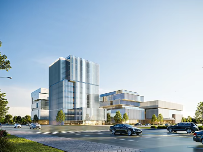 Modern Office Building With Glass Curtain Wall Landscaped Gardens And Cars On Adjacent Road 3d model