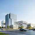 Modern Office Building With Glass Curtain Wall Landscaped Gardens And Cars On Adjacent Road