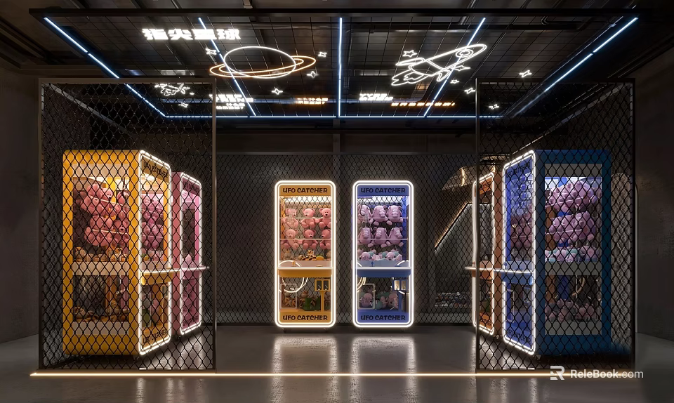 Indoor Entertainment Venue With Colorful Claw Machines And Lighting Decor As Entertainment Appliances 3d model 