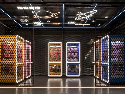 Indoor Entertainment Venue With Colorful Claw Machines And Lighting Decor As Entertainment Appliances 3d model
