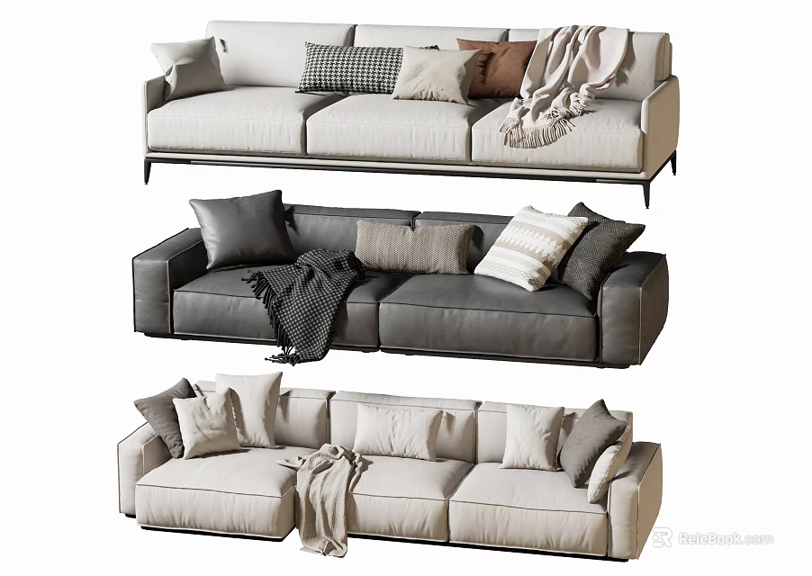 Cozy Modern Sectional Sofa With Light Colored Pillows Gray Upholstery And Soft Blankets 3d model 