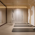 Modern Yoga Studio With Hammocks Yoga Mats Wooden Floors Curved Walls And Curtains