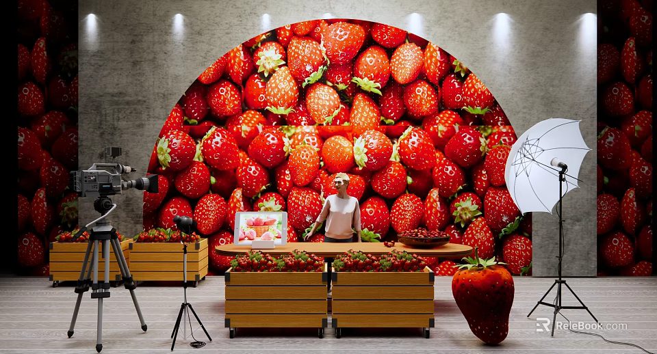 Open Public Office Space Featuring Strawberry Decor Wall And Photography Equipment Setup 3d model 