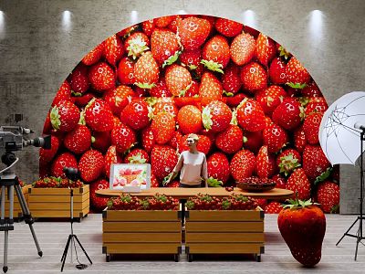 Open Public Office Space Featuring Strawberry Decor Wall And Photography Equipment Setup 3d model