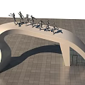 Modern Entrance Gate with White Curved Structure and Silver Running Human Sculptures on Top
