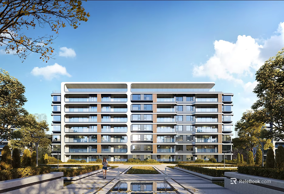 Modern Multi Storey Residential Building With Landscaped Gardens And Water Features 3d model 