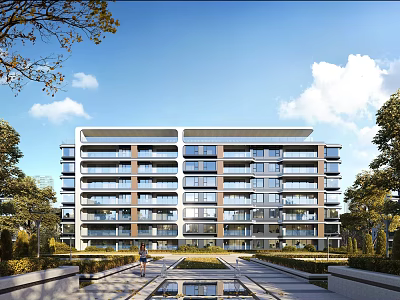 Modern Multi Storey Residential Building With Landscaped Gardens And Water Features 3d model