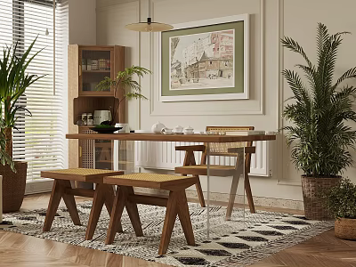 Modern Restaurant Interior Featuring Wooden Dining Table Glass Top Benches Potted Plants And Framed Painting 3d model