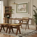 Modern Restaurant Interior Featuring Wooden Dining Table Glass Top Benches Potted Plants And Framed Painting