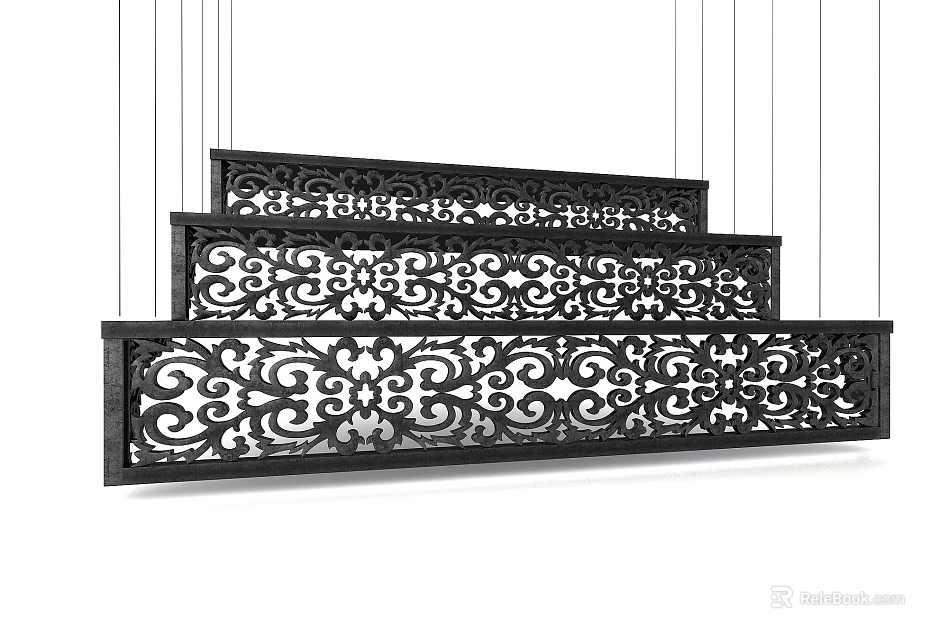 Black Decorative Hanging Components With Intricate Scroll Patterns And Three Tiered Design 3d model