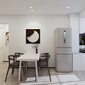 Modern Restaurant Interior With White Dining Table Dark Chairs Silver Refrigerator And White Cabinets