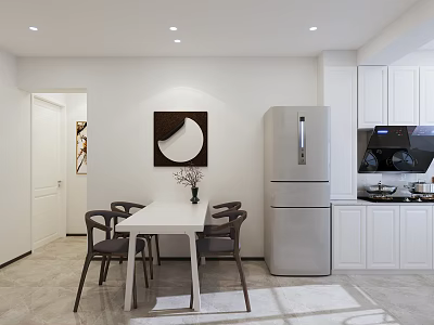 Modern Restaurant Interior With White Dining Table Dark Chairs Silver Refrigerator And White Cabinets 3d model