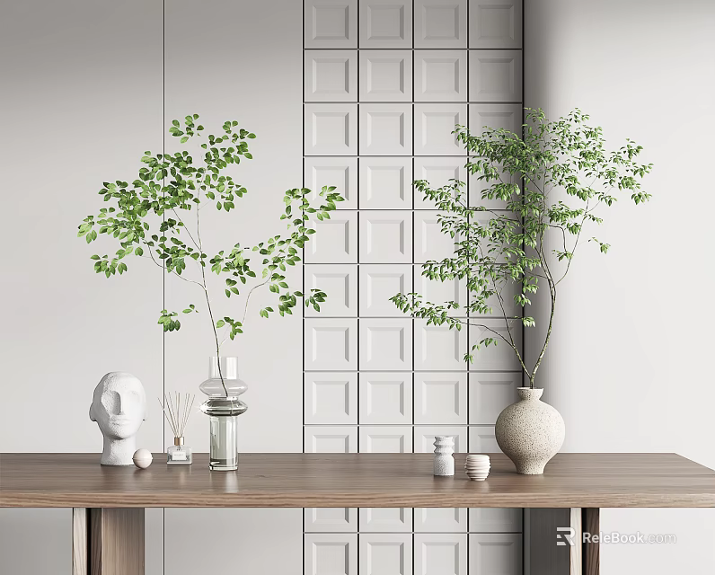 Wooden Table With Vases Green Plants White Sculpture Small Decorations And White Grid Wall 3d model 
