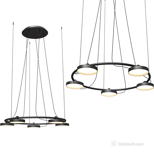 Modern Circular Pendant Lamp With Black Frame And Hanging Multiple Light Bulbs 3d model