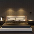 Modern Minimalist Double Bed With Light Headboard Nightstands Black Table Lamp And Textured Dark Walls