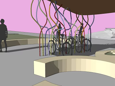 Outdoor Landscape Pavilion With Colorful Curved Structures Parked Bicycles And Curved Seating Area 3d model